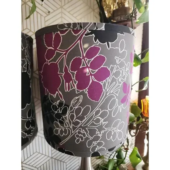 Vintage Early 2000s Brushed Chrome Lamps With Black And Purple Floral Shades - Picture 6 of 11